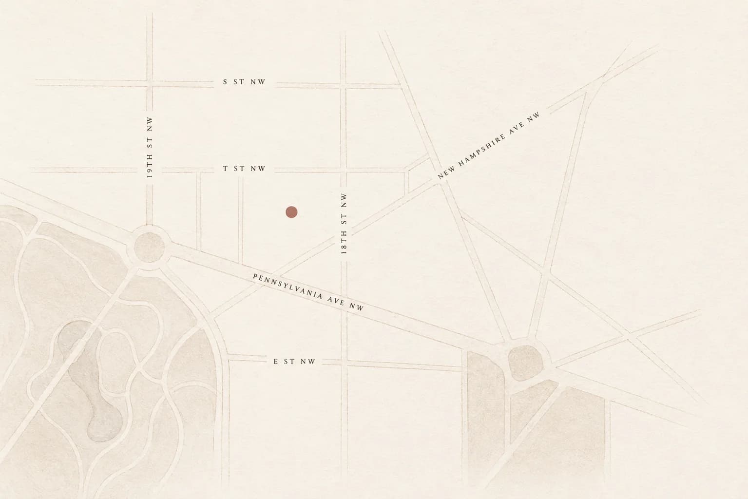 Illustrated map of the studio's location on Pennsylvania Avenue, a short walk from the South Lawn