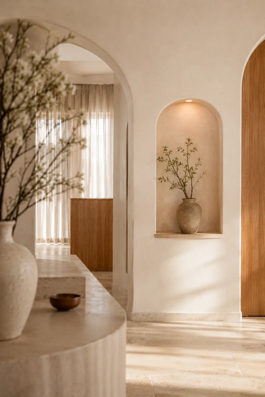 Warm, plaster-walled interior of the ALNZ MedSpa studio bathed in soft afternoon light